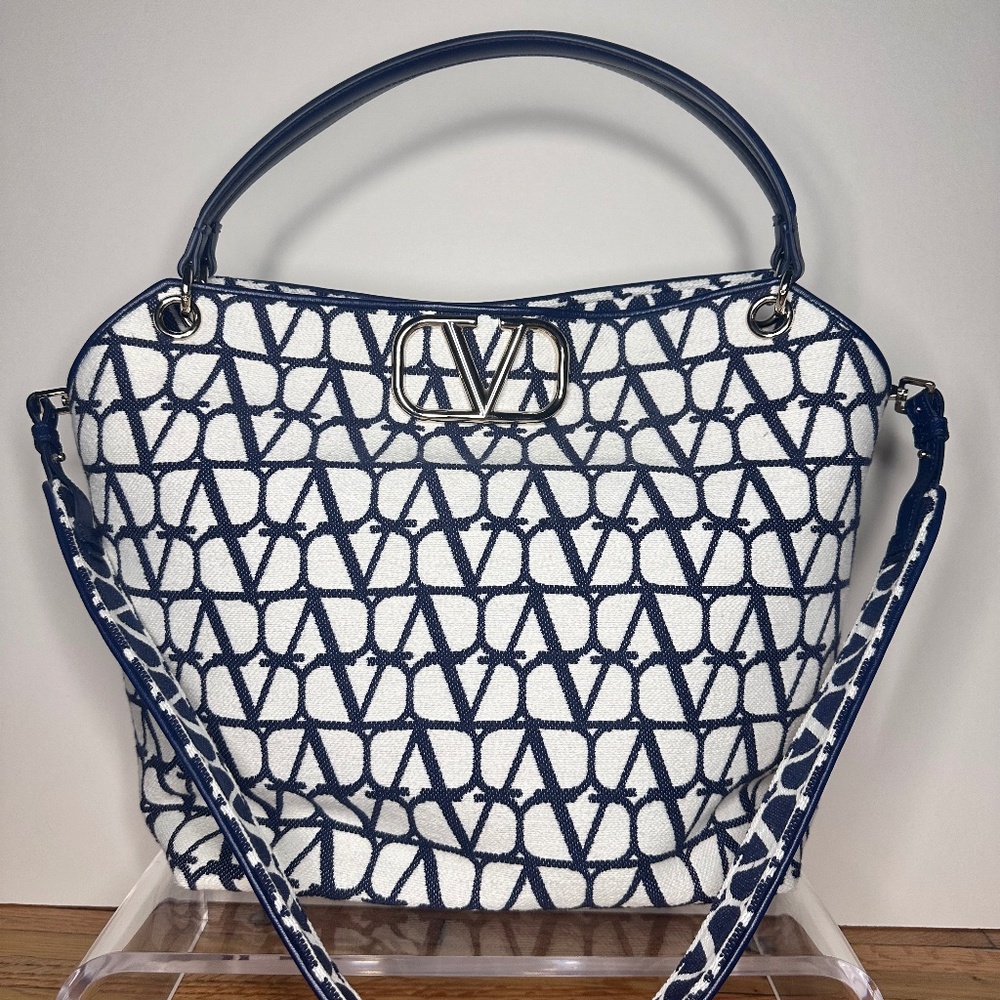 Valentino Garavani Iconographe Loco VLOGO Canvas Hobo Bag White/Blue